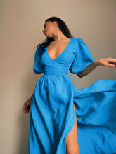 Load image into Gallery viewer, Surplice Balloon Sleeves Tied Dress