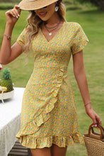 Load image into Gallery viewer, Floral Short Sleeve Surplice Neck Ruffled Dress