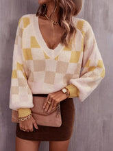 Load image into Gallery viewer, Checkered V-Neck Lantern Sleeve Sweater