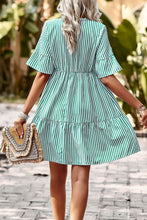 Load image into Gallery viewer, Striped Tie Neck Flare Sleeve Dress