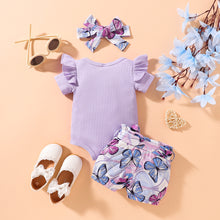 Load image into Gallery viewer, Baby Girl Ribbed Ruffle Shoulder Bodysuit and Butterfly Print Shorts Set