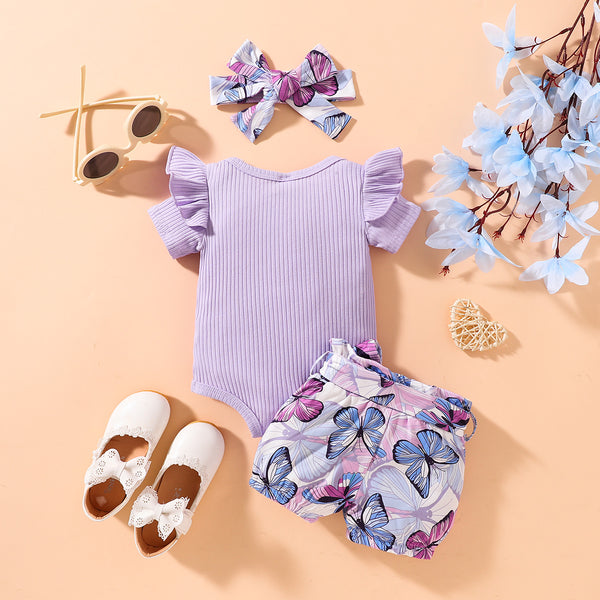 Baby Girl Ribbed Ruffle Shoulder Bodysuit and Butterfly Print Shorts Set