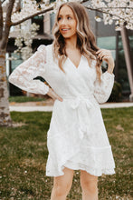Load image into Gallery viewer, Pompom Trim Puff Sleeve Belted Lace Dress