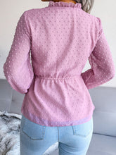 Load image into Gallery viewer, Swiss Dot Frill Trim Drawstring Waist Peplum Blouse