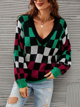 Load image into Gallery viewer, Checkered V-Neck Lantern Sleeve Sweater
