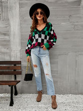 Load image into Gallery viewer, Checkered V-Neck Lantern Sleeve Sweater