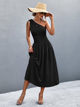 Load image into Gallery viewer, Asymmetrical One Shoulder Smocked Waist Midi Dress