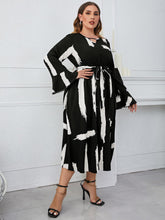Load image into Gallery viewer, Plus Size Printed Tie Belt Flare Sleeve Round Neck Midi Dress