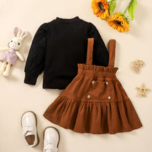 Load image into Gallery viewer, Baby Girl Puff Sleeve Round Neck Top and Buttoned Overall Dress Set