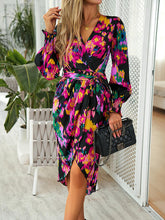 Load image into Gallery viewer, Printed Tie Front Lantern Sleeve Dress
