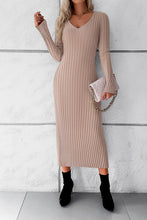 Load image into Gallery viewer, V-Neck Long Sleeve Ribbed Sweater Dress