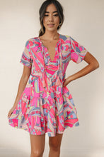Load image into Gallery viewer, Multicolored Tie Neck Short Sleeve Tiered Dress