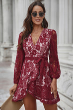 Load image into Gallery viewer, Pompom Trim Puff Sleeve Belted Lace Dress