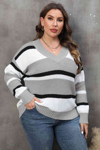 Load image into Gallery viewer, Plus Size Striped V-Neck Dropped Shoulder Sweater