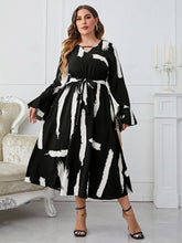 Load image into Gallery viewer, Plus Size Printed Tie Belt Flare Sleeve Round Neck Midi Dress