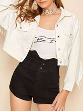 Load image into Gallery viewer, Fringe Detail Collared Neck Long Sleeve Denim Jacket