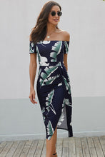 Load image into Gallery viewer, Slit Printed Off-Shoulder Midi Dress