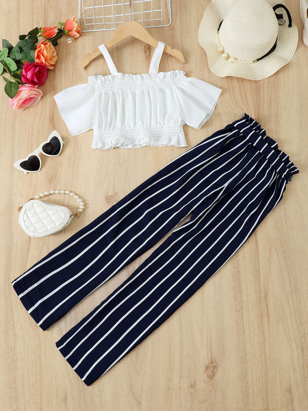 Baby Girl Frill Trim Cropped Top and Striped Pants Set