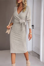 Load image into Gallery viewer, Surplice Neck Tied Ribbed Dress