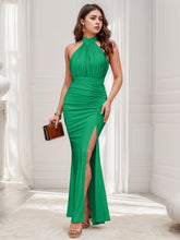 Load image into Gallery viewer, Slit Ruched Halter Neck Sleeveless Dress
