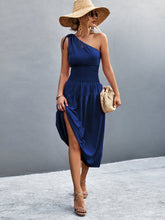 Load image into Gallery viewer, Asymmetrical One Shoulder Smocked Waist Midi Dress