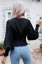 Load image into Gallery viewer, Surplice Neck Frill Trim Lantern Sleeve Smocked Waist Blouse