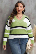 Load image into Gallery viewer, Plus Size Striped V-Neck Dropped Shoulder Sweater