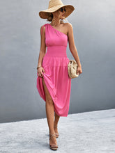 Load image into Gallery viewer, Asymmetrical One Shoulder Smocked Waist Midi Dress