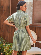 Load image into Gallery viewer, Polka Dot Pleated Tie Neck Smocked Waist Dress