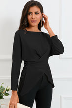 Load image into Gallery viewer, Boat Neck Back Tie Long Sleeve Satin Blouse