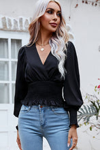 Load image into Gallery viewer, Surplice Neck Frill Trim Lantern Sleeve Smocked Waist Blouse