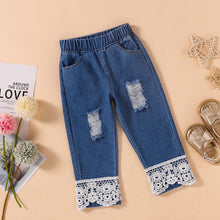 Load image into Gallery viewer, Baby Girl Floral Round Neck Top and Lace Trim Distressed Jeans Set
