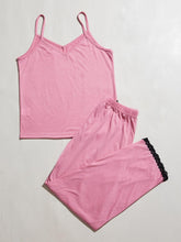 Load image into Gallery viewer, V-Neck Lace Trim Slit Cami and Pants Pajama Set