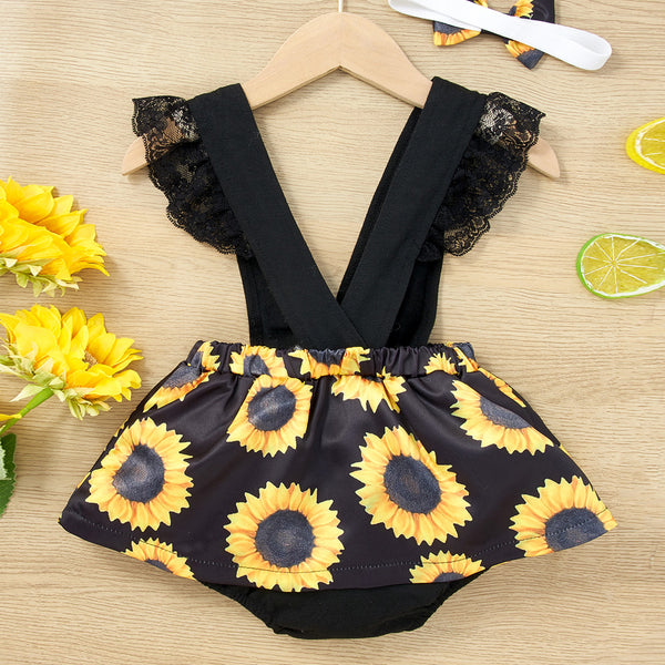 Baby Girl Sunflower Print Spliced Lace Bodysuit Dress