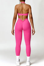 Load image into Gallery viewer, Ruched Halter Neck Bra and Pocketed Leggings Active Set