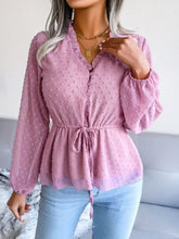 Load image into Gallery viewer, Swiss Dot Frill Trim Drawstring Waist Peplum Blouse