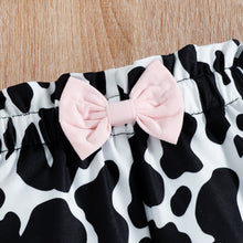 Load image into Gallery viewer, Baby Girl Graphic Ruffled Bodysuit and Cow Print Shorts Set