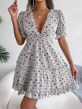 Load image into Gallery viewer, Floral Frill Trim Ruffle Hem Deep V Mini Dress
