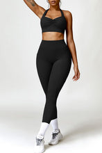 Load image into Gallery viewer, Ruched Halter Neck Bra and Pocketed Leggings Active Set