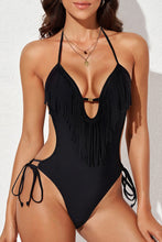 Load image into Gallery viewer, Fringe Trim Tied Halter Neck Backless One-Piece Swimsuit