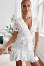 Load image into Gallery viewer, Floral Lace Pompom Detail Tie-Waist Flutter Sleeve Dress