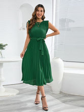 Load image into Gallery viewer, Tied Round Neck Pleated Midi Dress
