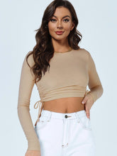 Load image into Gallery viewer, Drawstring Round Neck Long Sleeve Cropped Top