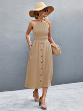 Load image into Gallery viewer, Buttoned Halter Neck Frill Trim Midi Dress
