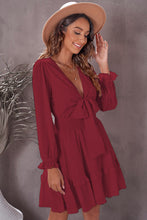Load image into Gallery viewer, Tied Plunge Smocked Waist Flounce Sleeve Dress