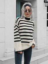 Load image into Gallery viewer, Striped Slit Turtleneck Drop Shoulder Sweater