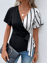Load image into Gallery viewer, Surplice Neck Waist Tie Flutter Sleeve Blouse