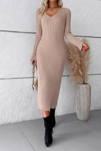 Load image into Gallery viewer, V-Neck Long Sleeve Ribbed Sweater Dress