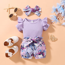 Load image into Gallery viewer, Baby Girl Ribbed Ruffle Shoulder Bodysuit and Butterfly Print Shorts Set