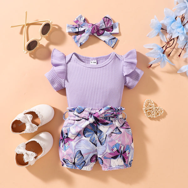 Baby Girl Ribbed Ruffle Shoulder Bodysuit and Butterfly Print Shorts Set